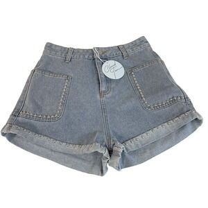 Cloud Ten Womens Studded Cuffed Denim Jean Shorts Blue S High Rise Pockets NEW